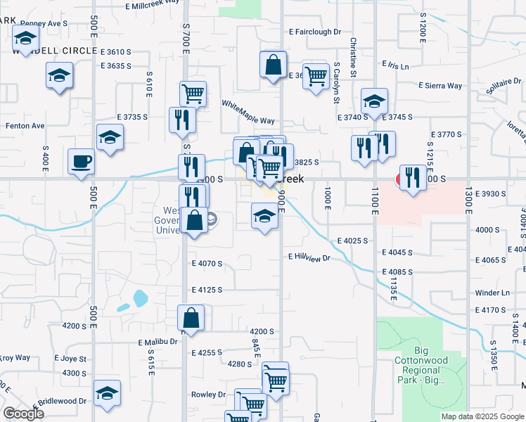 map of restaurants, bars, coffee shops, grocery stores, and more near 858 East 3950 South in Murray