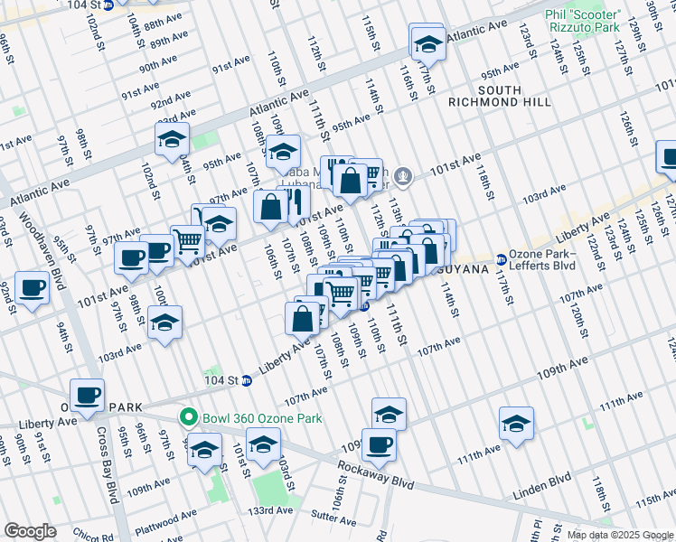 map of restaurants, bars, coffee shops, grocery stores, and more near 103rd Avenue in Queens
