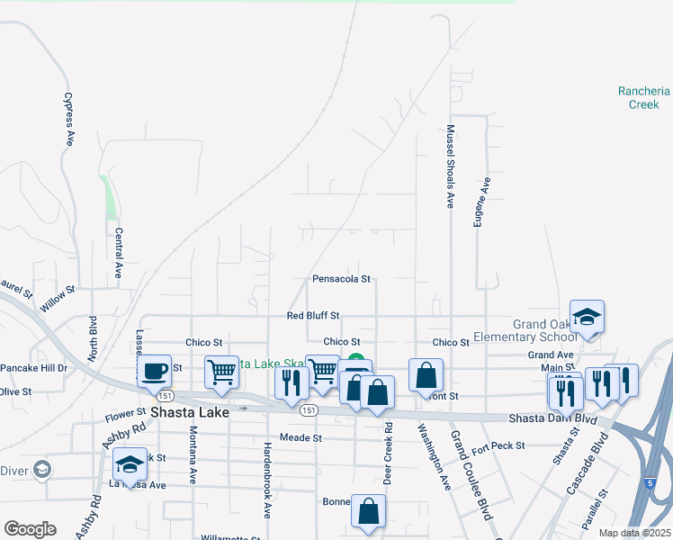 map of restaurants, bars, coffee shops, grocery stores, and more near 1141 Black Canyon Rd in Shasta Lake