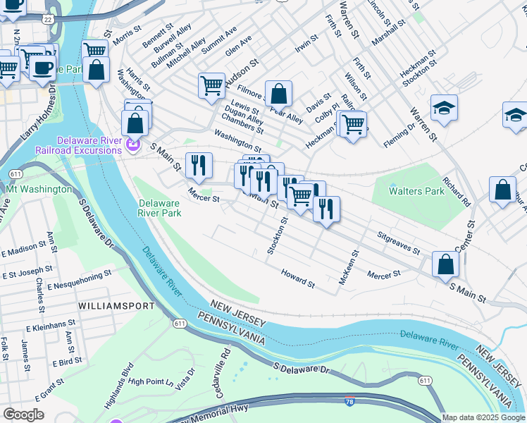 map of restaurants, bars, coffee shops, grocery stores, and more near 49 Fox Street in Phillipsburg