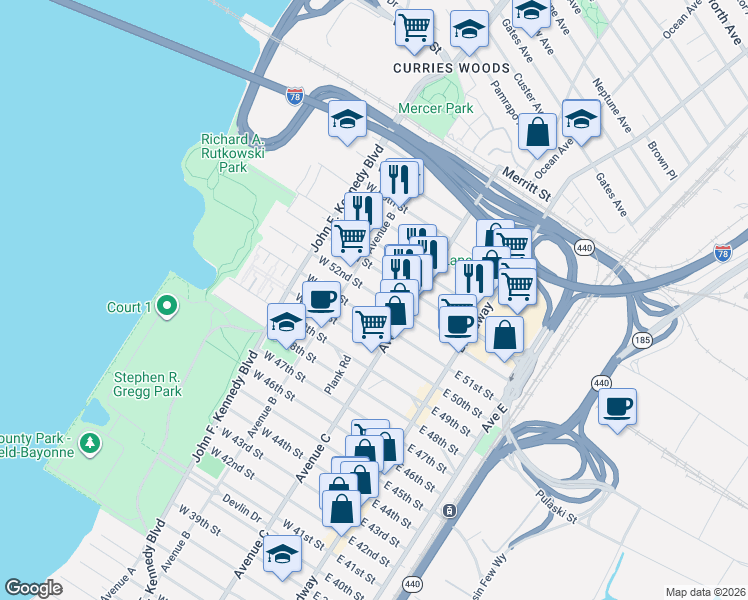 map of restaurants, bars, coffee shops, grocery stores, and more near 84 West 53rd Street in Bayonne