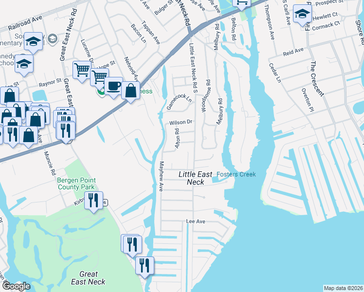 map of restaurants, bars, coffee shops, grocery stores, and more near 24 Westbridge Drive in Babylon
