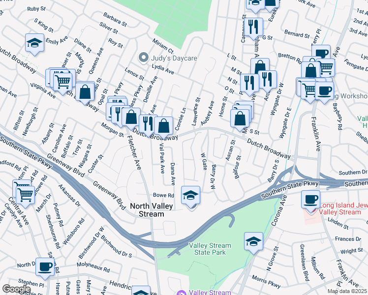 map of restaurants, bars, coffee shops, grocery stores, and more near 1108 Willow Lane in North Valley Stream