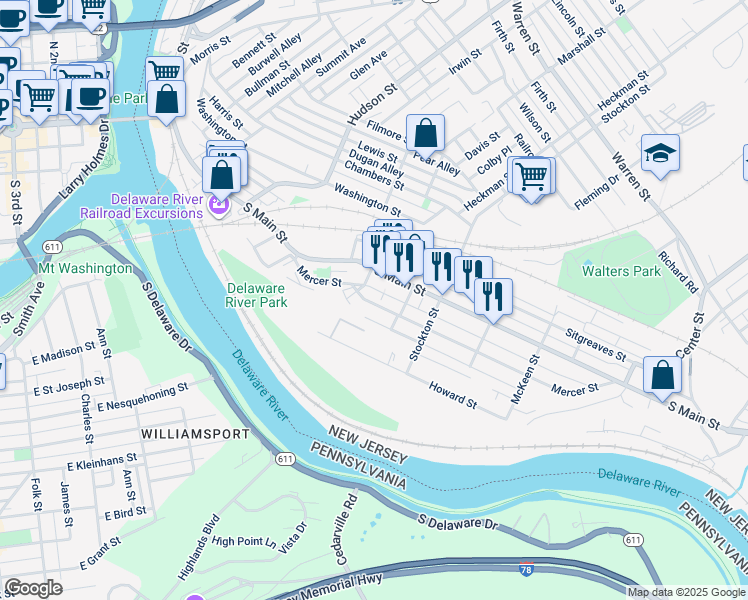 map of restaurants, bars, coffee shops, grocery stores, and more near 115 Mercer Street in Phillipsburg