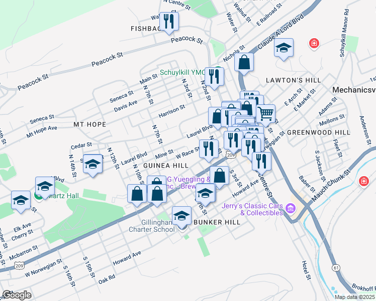 map of restaurants, bars, coffee shops, grocery stores, and more near 502 West Race Street in Pottsville