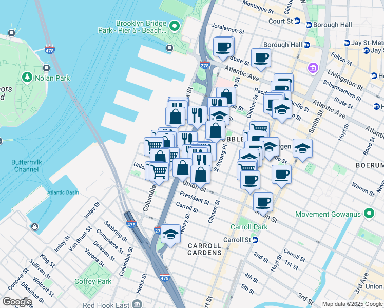 map of restaurants, bars, coffee shops, grocery stores, and more near 30 Cheever Place in Brooklyn