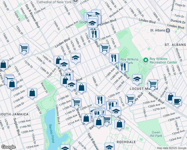 map of restaurants, bars, coffee shops, grocery stores, and more near 116-46 168th Street in Queens