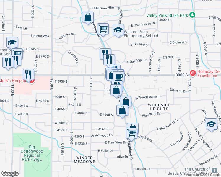 map of restaurants, bars, coffee shops, grocery stores, and more near 1578 East Lanebrook Circle in Salt Lake City