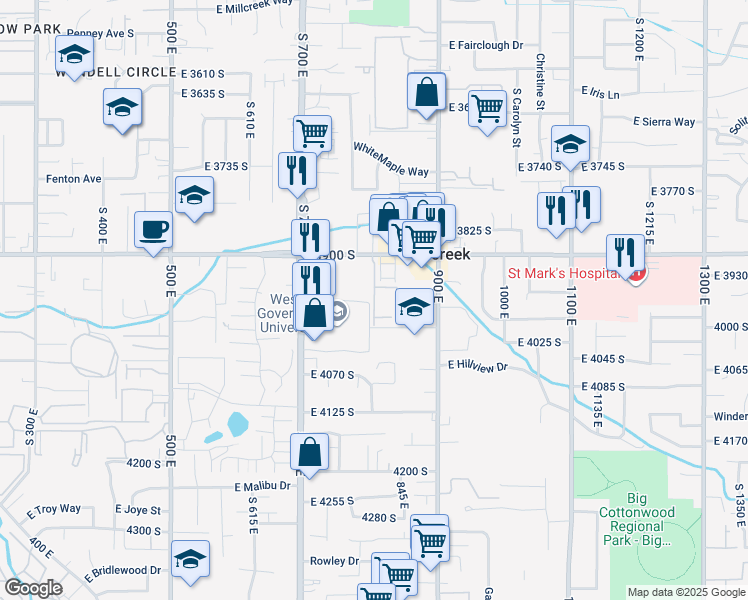 map of restaurants, bars, coffee shops, grocery stores, and more near 3924 East 3950 South in Murray