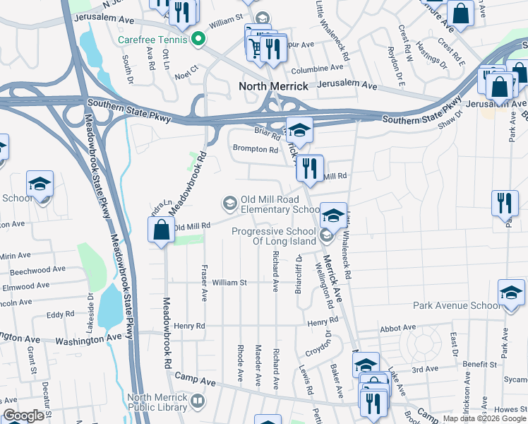 map of restaurants, bars, coffee shops, grocery stores, and more near 1839 Old Mill Road in Merrick