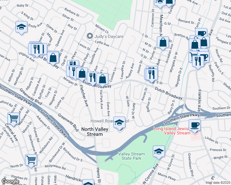 map of restaurants, bars, coffee shops, grocery stores, and more near 1108 Willow Lane in North Valley Stream