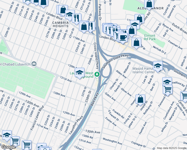 map of restaurants, bars, coffee shops, grocery stores, and more near 236-17 120th Avenue in Queens