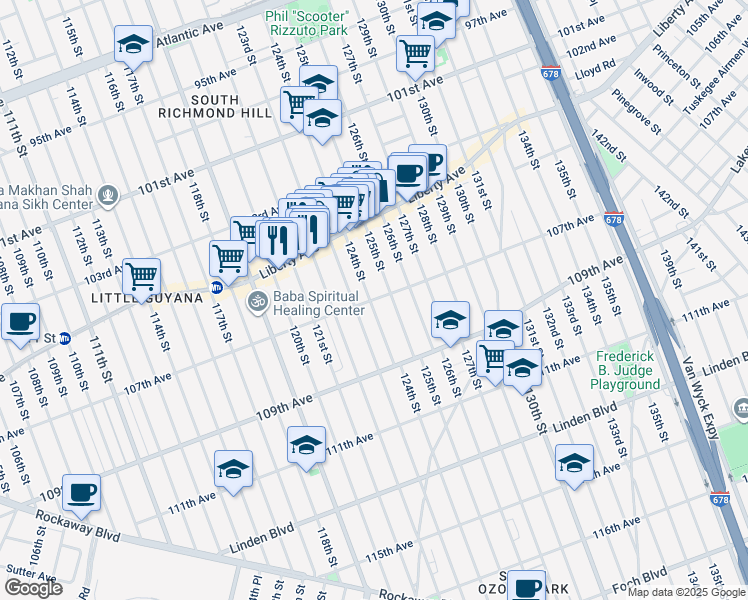map of restaurants, bars, coffee shops, grocery stores, and more near 104-62 124th Street in Queens