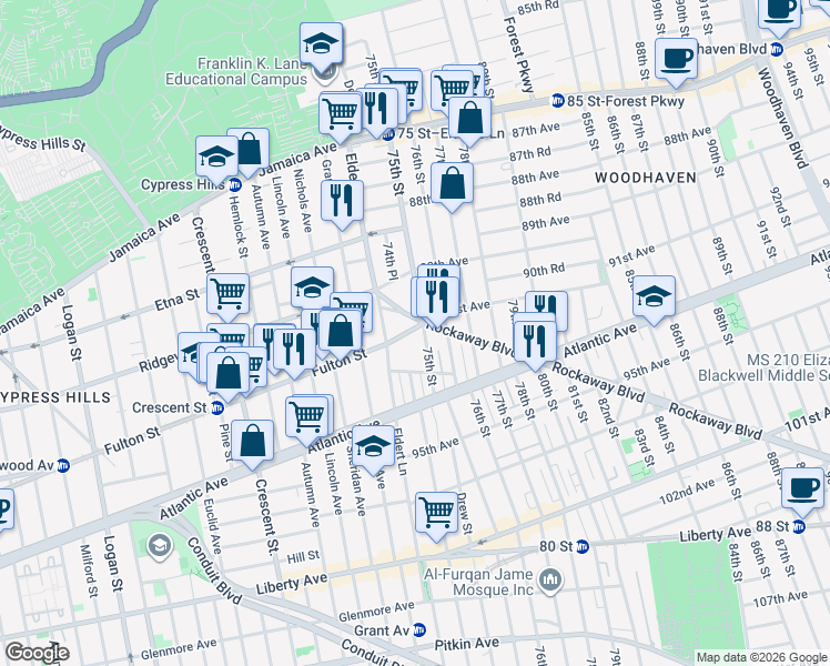 map of restaurants, bars, coffee shops, grocery stores, and more near in Queens