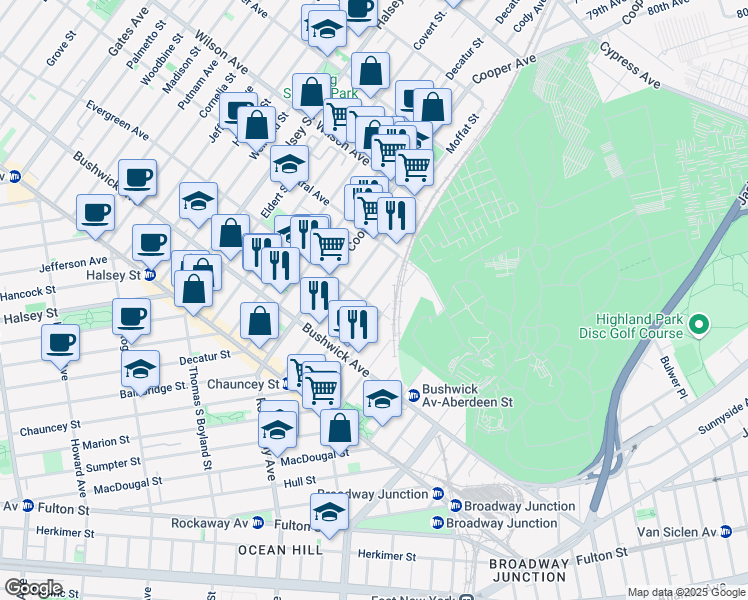 map of restaurants, bars, coffee shops, grocery stores, and more near 760 Chauncey Street in Brooklyn