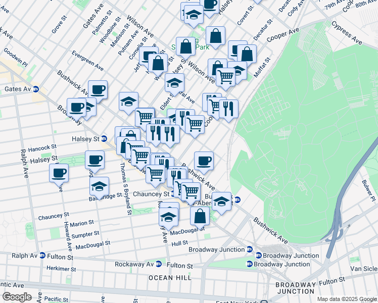 map of restaurants, bars, coffee shops, grocery stores, and more near 83A Cooper Street in Brooklyn