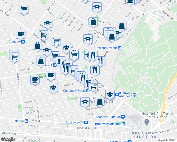 map of restaurants, bars, coffee shops, grocery stores, and more near 1341 Bushwick Avenue in Brooklyn