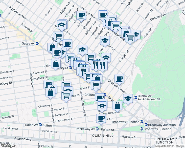 map of restaurants, bars, coffee shops, grocery stores, and more near 48 Covert Street in Brooklyn