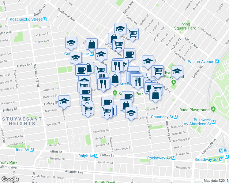 map of restaurants, bars, coffee shops, grocery stores, and more near 920 Hancock Street in Brooklyn