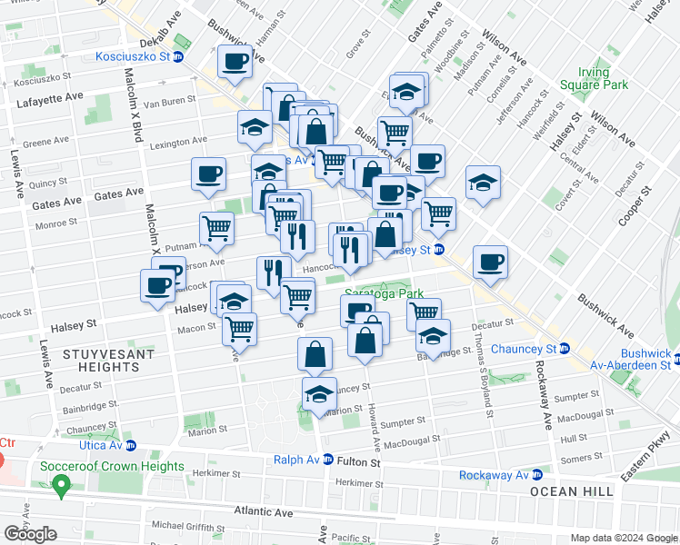 map of restaurants, bars, coffee shops, grocery stores, and more near 851 Hancock Street in Brooklyn