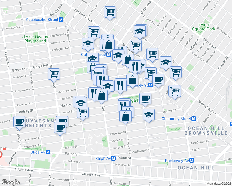 map of restaurants, bars, coffee shops, grocery stores, and more near 851 Hancock Street in Brooklyn