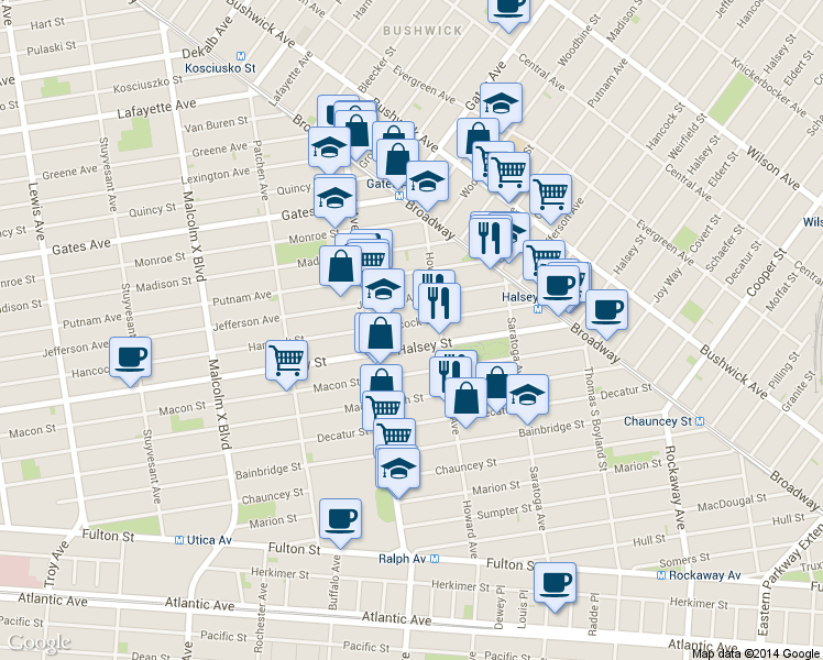 map of restaurants, bars, coffee shops, grocery stores, and more near 851 Hancock Street in Brooklyn
