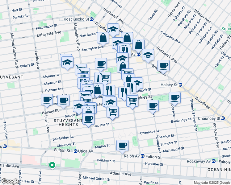 map of restaurants, bars, coffee shops, grocery stores, and more near 780 Jefferson Avenue in Brooklyn