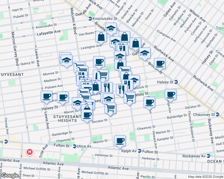map of restaurants, bars, coffee shops, grocery stores, and more near 780 Jefferson Avenue in Brooklyn