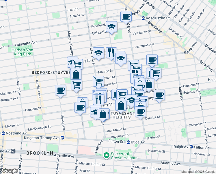 map of restaurants, bars, coffee shops, grocery stores, and more near 703 Putnam Avenue in Brooklyn