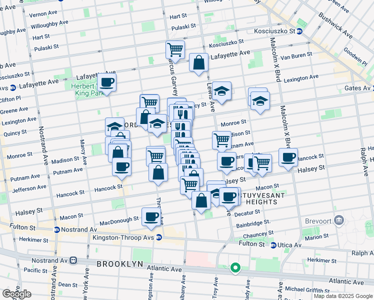 map of restaurants, bars, coffee shops, grocery stores, and more near 500 Madison Street in Brooklyn