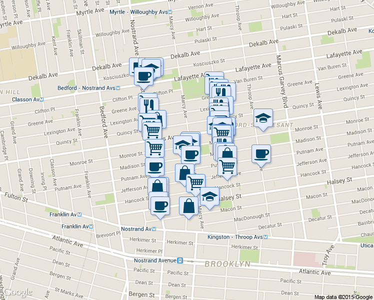 map of restaurants, bars, coffee shops, grocery stores, and more near 283 Monroe Street in Brooklyn
