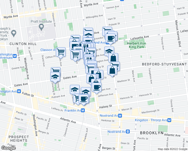 map of restaurants, bars, coffee shops, grocery stores, and more near 1126 Bedford Avenue in Brooklyn
