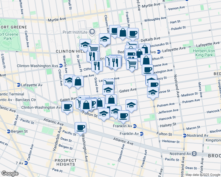 map of restaurants, bars, coffee shops, grocery stores, and more near 25 Quincy Street in Brooklyn