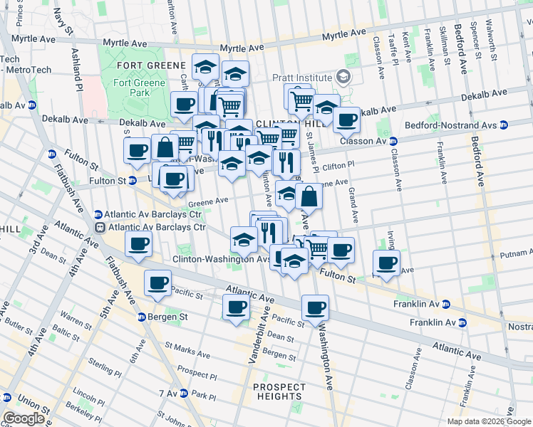 map of restaurants, bars, coffee shops, grocery stores, and more near 409 Vanderbilt Avenue in Brooklyn