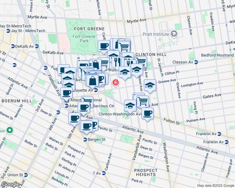 map of restaurants, bars, coffee shops, grocery stores, and more near 38 Greene Avenue in Brooklyn