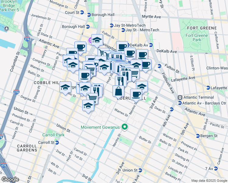 map of restaurants, bars, coffee shops, grocery stores, and more near 148 Dean Street in Brooklyn