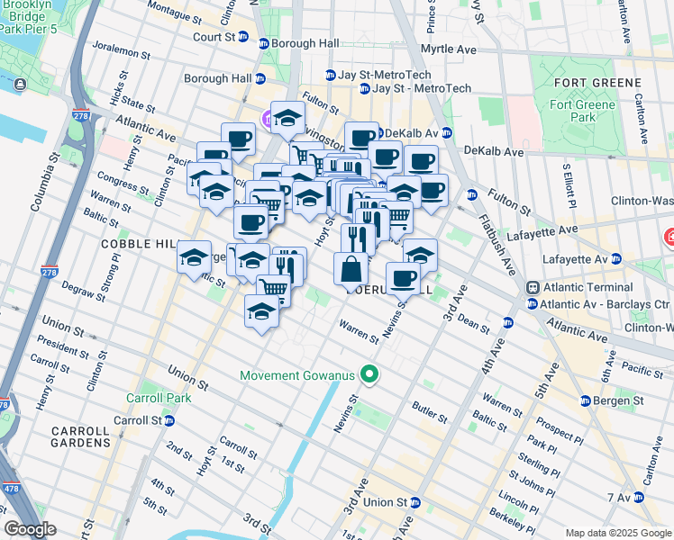 map of restaurants, bars, coffee shops, grocery stores, and more near 148 Dean Street in Brooklyn