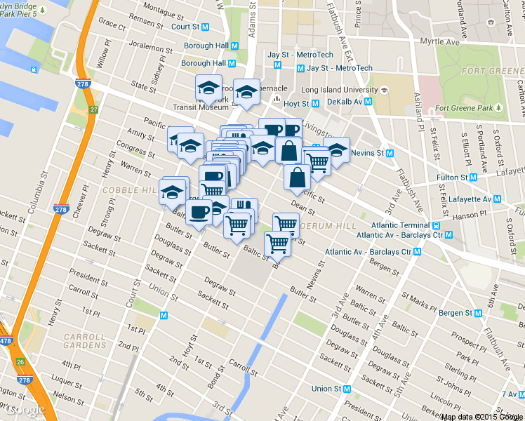 map of restaurants, bars, coffee shops, grocery stores, and more near 128 Bergen Street in Brooklyn