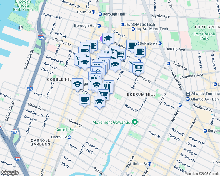 map of restaurants, bars, coffee shops, grocery stores, and more near 128 Bergen Street in Brooklyn