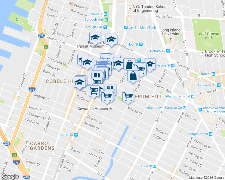 map of restaurants, bars, coffee shops, grocery stores, and more near 128 Bergen Street in Brooklyn