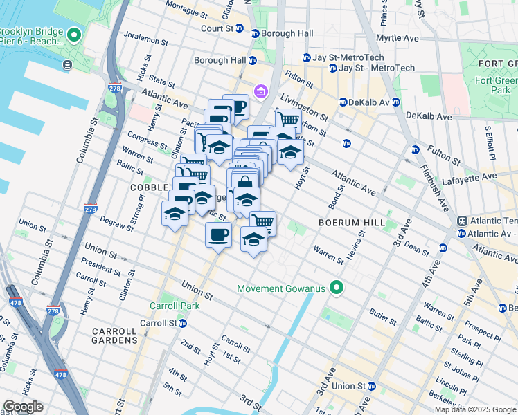 map of restaurants, bars, coffee shops, grocery stores, and more near 83 Wyckoff Street in Brooklyn