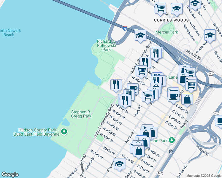 map of restaurants, bars, coffee shops, grocery stores, and more near 183 West 49th Street in Bayonne