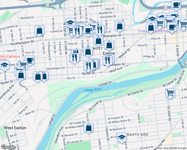 map of restaurants, bars, coffee shops, grocery stores, and more near 1041 Butler Street in Easton
