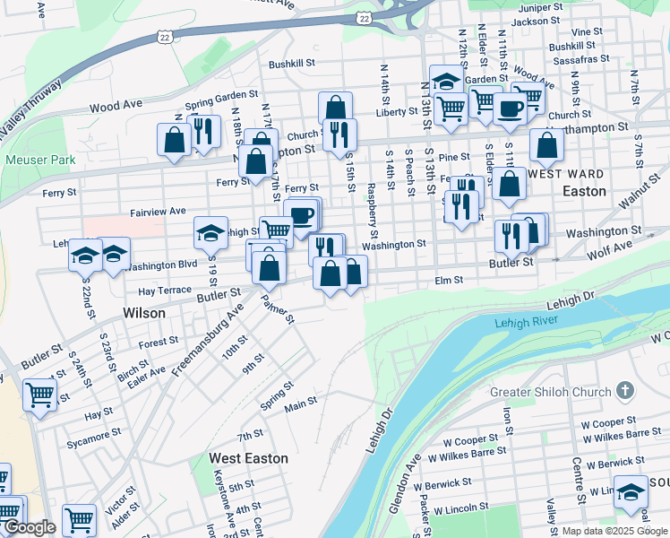 map of restaurants, bars, coffee shops, grocery stores, and more near 1522 Washington Street in Easton