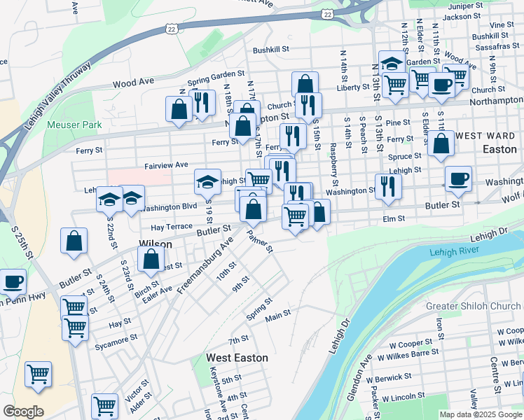 map of restaurants, bars, coffee shops, grocery stores, and more near 1704 Washington Boulevard in Easton