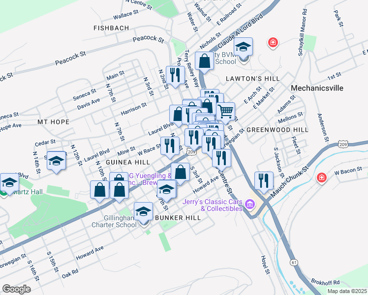 map of restaurants, bars, coffee shops, grocery stores, and more near 200 North 2nd Street in Pottsville