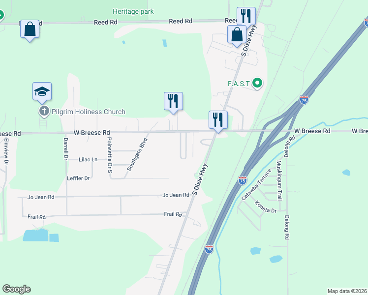 map of restaurants, bars, coffee shops, grocery stores, and more near 1643 West Breese Road in Cridersville