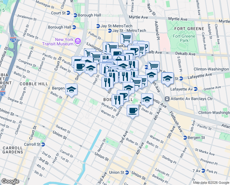 map of restaurants, bars, coffee shops, grocery stores, and more near 415 Pacific Street in Brooklyn