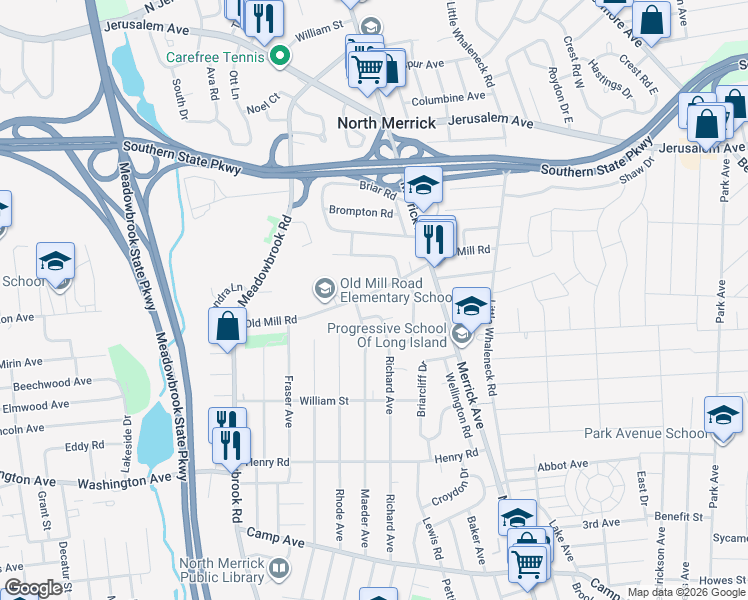 map of restaurants, bars, coffee shops, grocery stores, and more near 1839 Old Mill Road in Merrick