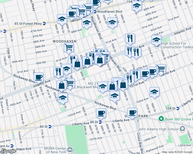map of restaurants, bars, coffee shops, grocery stores, and more near 9012 95th Avenue in Queens